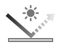 An icon highlighting IPS Black 2.0's improved ambient contrast ratio through its low-reflectance technology, showing an arrow representing sunlight barely failing to pass through the bottom panel.