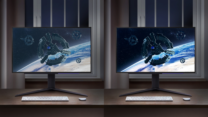 This image compares a conventional display to an OLED display in a dark environment, where the conventional display on the left shows some color lift, while the OLED maintains perfect black and colors.