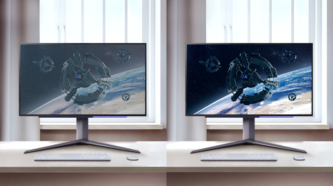 This image compares a conventional display to an OLED display in a bright environment, where the conventional display on the left shows more color lift than in a dark environment, while the OLED still maintains perfect black and colors.