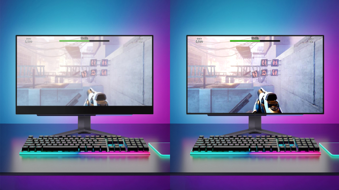 This image compares the same game screen on two monitors, with the current gaming monitor on the left showing a blurry picture, while the OLED display on the right shows a crisp, immersive picture.