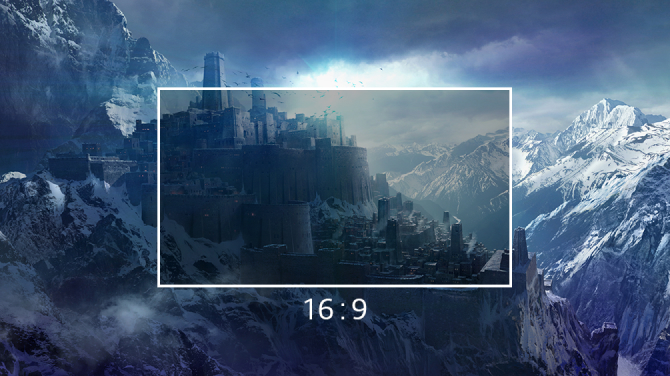 A citadel nestled in the majestic landscape of a snow-capped mountain range, with a translucent 16:9 display positioned in the foreground, blending harmoniously with the scenery.