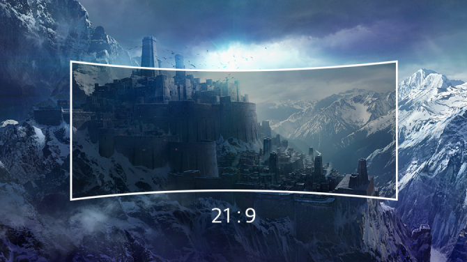 A citadel nestled in the majestic landscape of a snow-capped mountain range, with a translucent 21:9 curved display stretched out in the foreground.