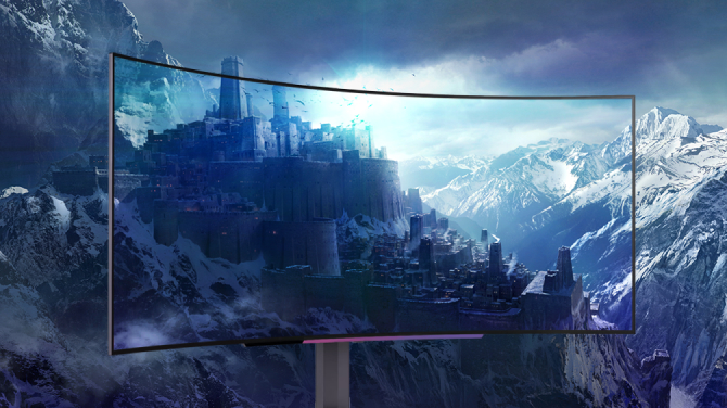 A citadel nestled in the majestic landscape of a snow-capped mountain range, with a curved monitor placed in the foreground, its display so vivid it seamlessly blends with the background.