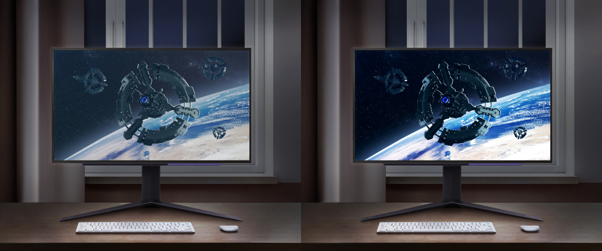 This image compares a conventional display to an OLED display in a dark environment, where the conventional display on the left shows some color lift, while the OLED maintains perfect black and colors.