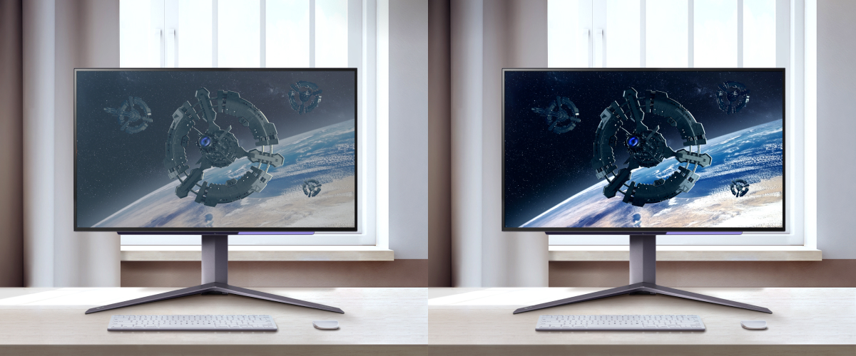 This image compares a conventional display to an OLED display in a bright environment, where the conventional display on the left shows more color lift than in a dark environment, while the OLED still maintains perfect black and colors.
