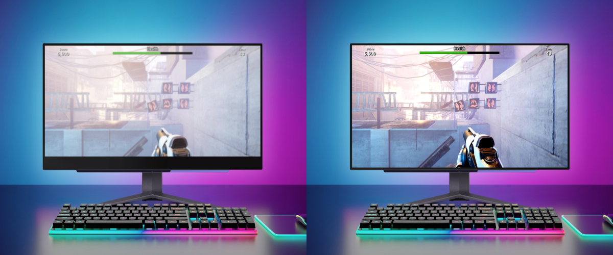 This image compares the same game screen on two monitors, with the current gaming monitor on the left showing a blurry picture, while the OLED display on the right shows a crisp, immersive picture.