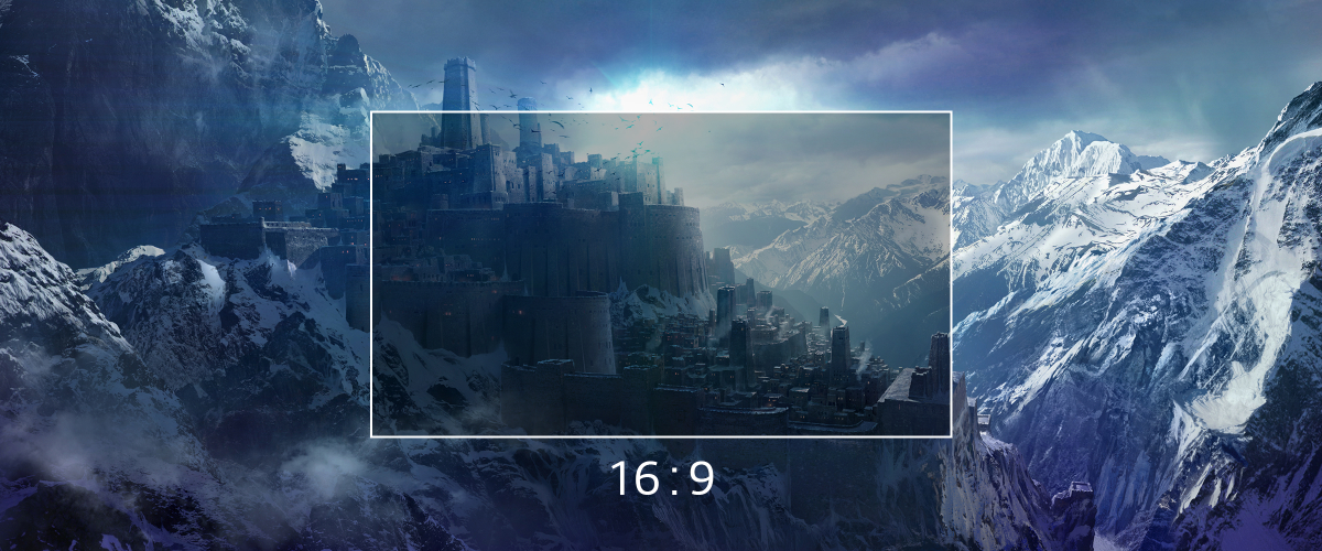 A citadel nestled in the majestic landscape of a snow-capped mountain range, with a translucent 16:9 display positioned in the foreground, blending harmoniously with the scenery.