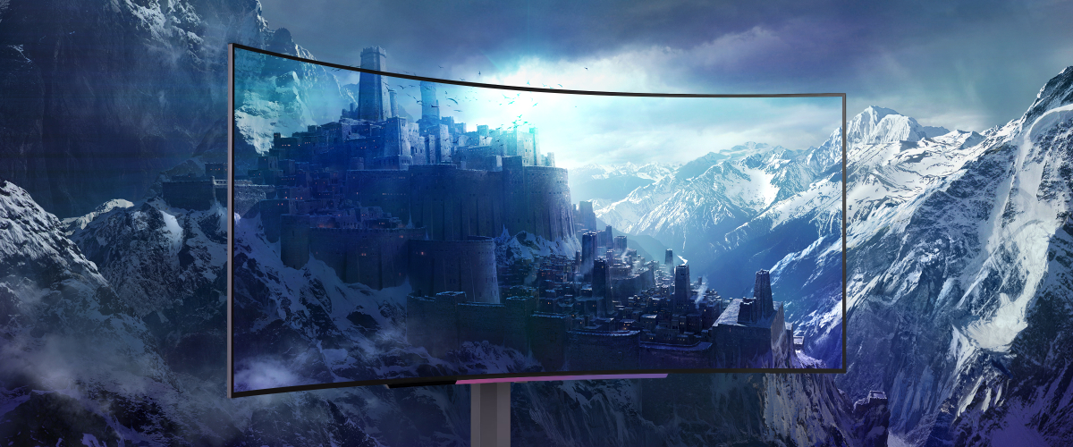 A citadel nestled in the majestic landscape of a snow-capped mountain range, with a curved monitor placed in the foreground, its display so vivid it seamlessly blends with the background.
