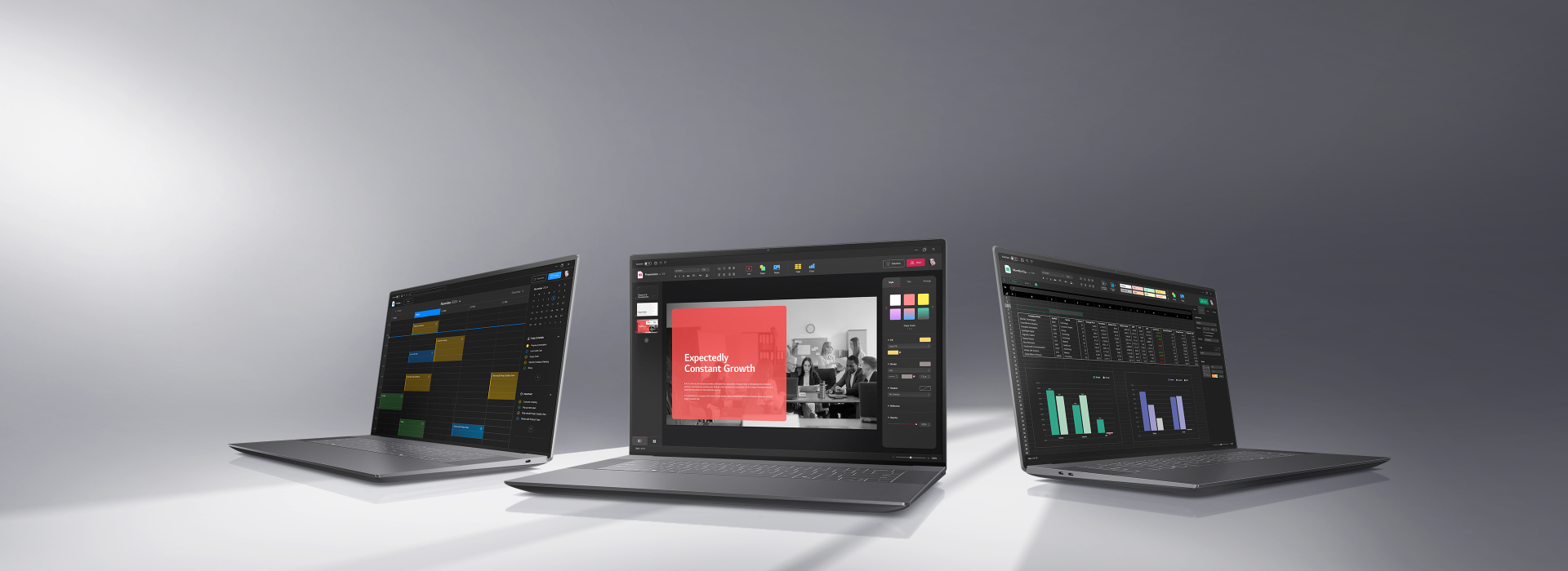 Three laptops are arranged on a gray background, showcasing their versatility for various work environments. The left laptop displays a calendar, the center one a business presentation, and the right one a spreadsheet. The top text highlights 'The Ultimate Display Solution Optimized for the Latest IT Environment.'