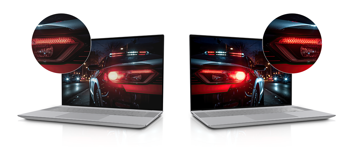 A comparison of two laptops displaying the same car taillight. The 'Conventional IPS' display on the left appears darker and less detailed, while the 'Neo:LED' display on the right showcases a more intense red glow with sharper details, emphasizing the difference in contrast.