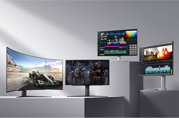 Four LG Display monitors showcasing different uses: from left to right, a racing game, a first-person shooter, video editing, and color grading. Highlights include powerful gaming performance and vivid color expression for creators.