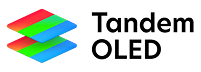 빨강, 초록, 파랑이 배합된 두 층의 패널 아이콘과 Tandem OLED 영문 로고