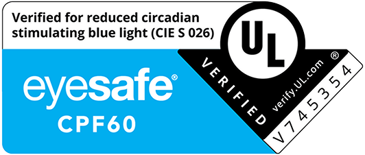 The circadian rhythm certification label of UL Solutions indicates the reduction of blue light that negatively affects circadian rhythms.