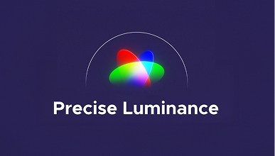 Colorful red, green, and blue light waves in the center of a purple background with Precise Luminance text.
