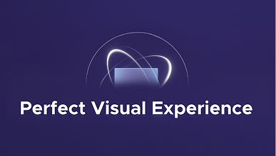 Dynamic, intersecting glowing light trajectories in the center of a purple background with Perfect Visual Experience text.