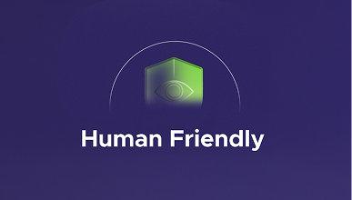 A green shield icon featuring an eye symbol in the center of a purple background with Human Friendly text.