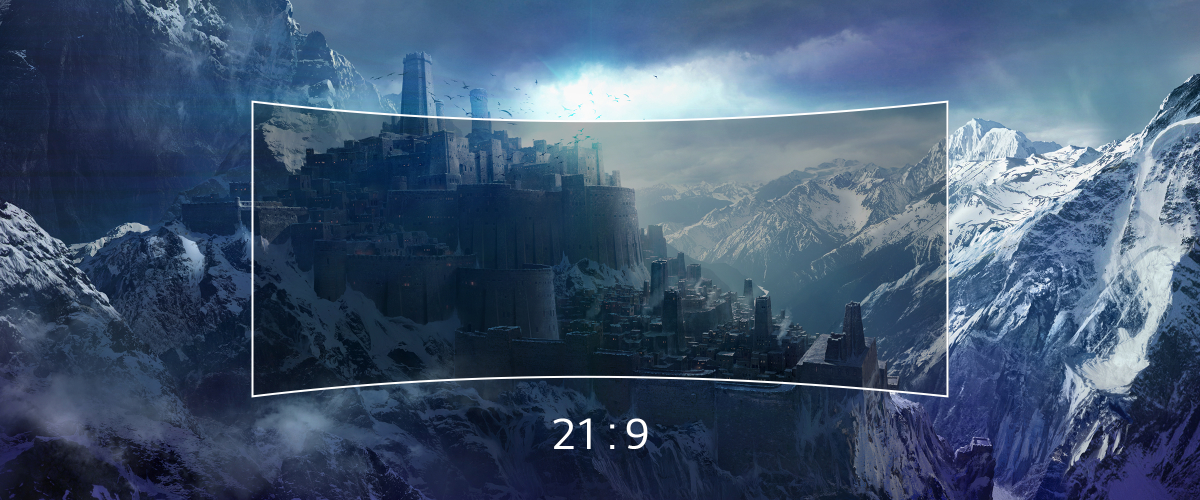 A citadel nestled in the majestic landscape of a snow-capped mountain range, with a translucent 21:9 curved display stretched out in the foreground.