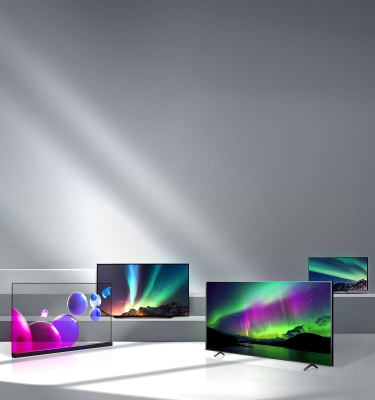 계단에 LG디스플레이의 OLED 패널이 사용된 TV 여러 대가 놓여있고, 화면에는 다채로운 색감의 그래픽 이미지가 떠 있다.